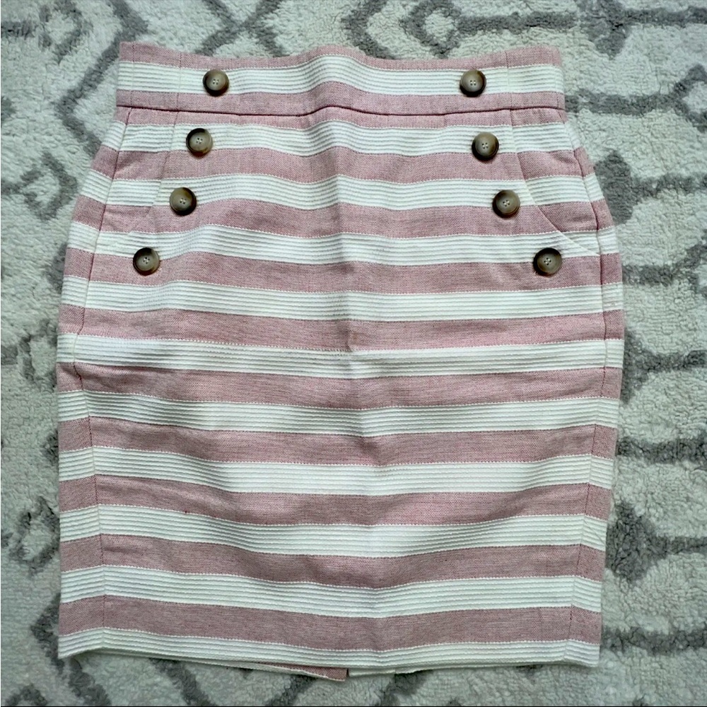 loft pencil skirt 2P pink white stripe chambray w buttons & pockets